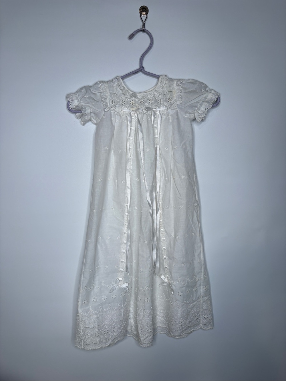 Vintage White Eyelet Infant Dress with Ribbon Ties Baptism Christening
